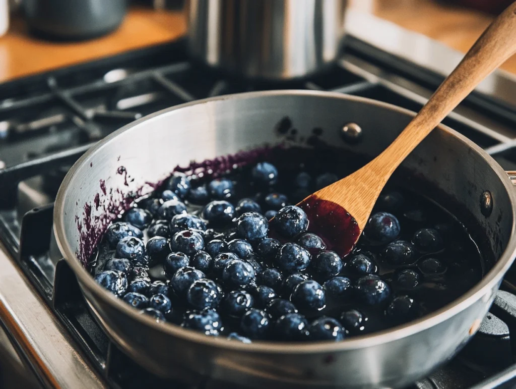 Saucepan simmering homemade blueberry compote recipe on stove.
