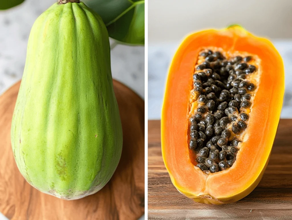 Is green papaya just unripe papaya? A whole green papaya next to a sliced ripe papaya with black seeds, both placed on a wooden cutting board in a well-lit kitchen.