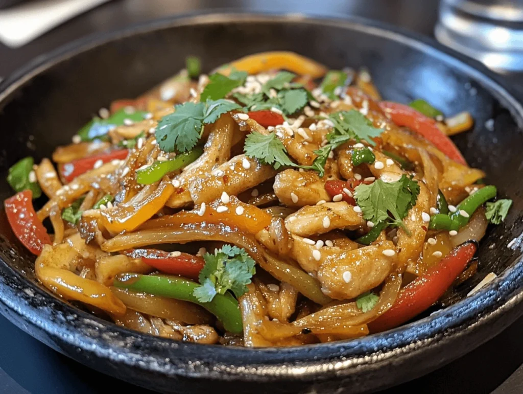 Stir-fried green papaya with colorful bell peppers, chicken strips, and fresh herbs in a sizzling wok.