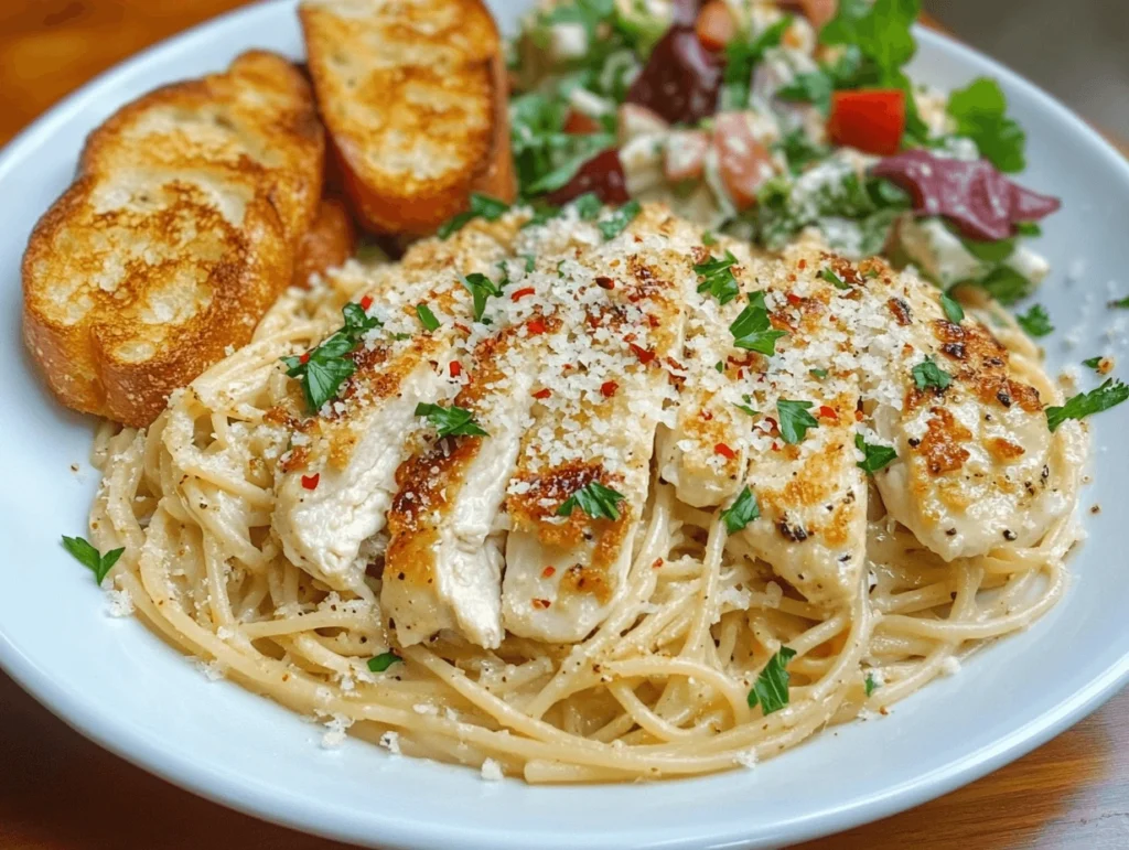 Garlic parmesan chicken pasta served with crispy garlic bread and Caesar salad, showcasing serving suggestions for a complete meal.
