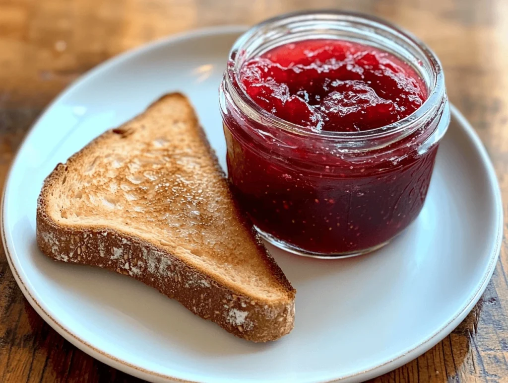 Strawberry Puree vs Jam: A view of freshly made strawberry jam on a buttered slice of toast, highlighting its glossy texture and natural chunks.