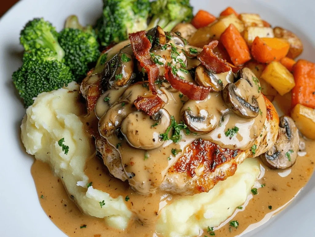 Alice Springs Chicken with mashed potatoes and steamed vegetables, topped with sautéed mushrooms, turkey bacon, and melted cheese, drizzled with honey mustard sauce.