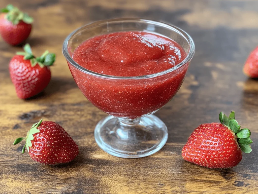 Strawberry puree mix in a glass bowl with whole strawberries around it.