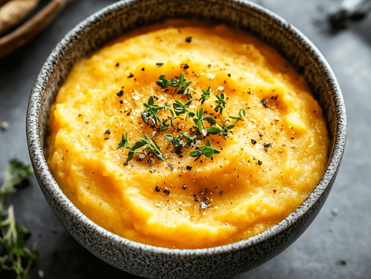 Close-up shot of creamy vegetable puree in a bowl, garnished with fresh herbs, showcasing a silky smooth texture and vibrant color, perfect for learning how to make puree.