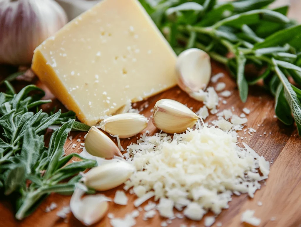Garlic cloves, parmesan cheese, and fresh herbs for garlic parmesan chicken pasta are displayed on a wooden kitchen counter.