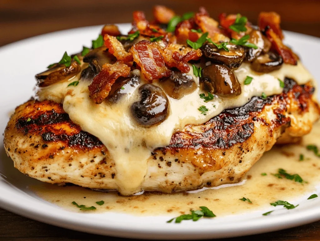 Grilled chicken breast with melted cheese, crispy turkey bacon, and sautéed mushrooms on a white plate, garnished with parsley.