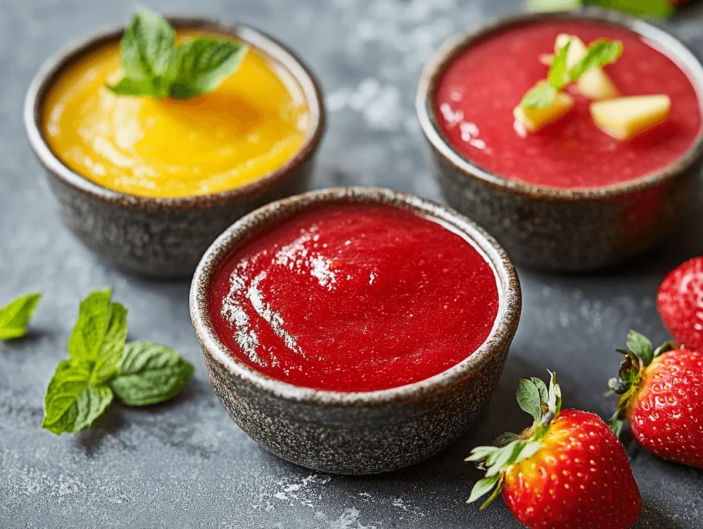 Smooth, vibrant fruit purees like apple and strawberry served in small bowls, ready for dessert or smoothie, perfect for learning how to make a puree.