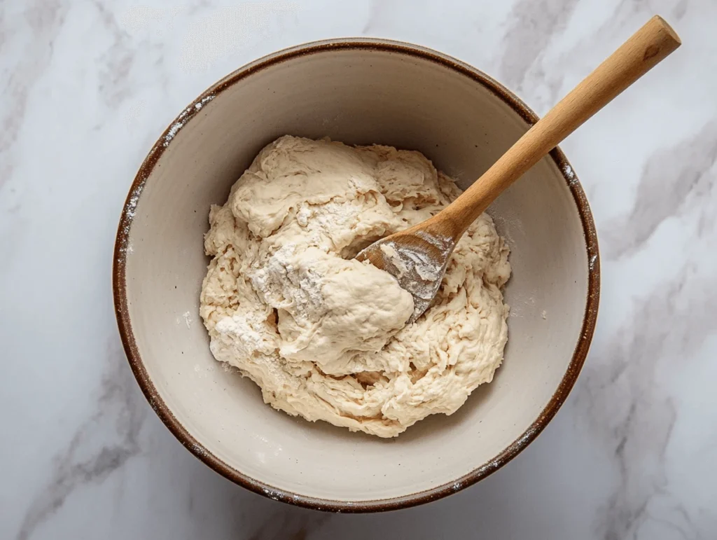 Step-by-step photo of mixing dough for sourdough bagels, showing ingredients in a bowl with a wooden spoon – sourdough bagels recipe.