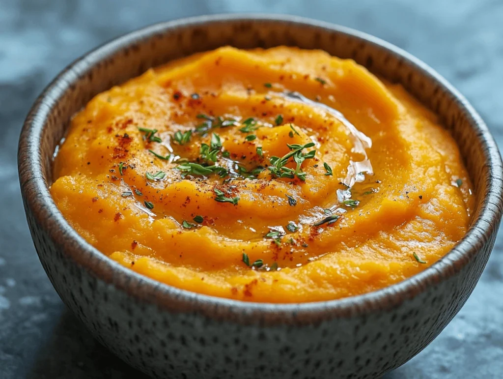 A shot of creamy carrot vegetable puree in a bowl, garnished with herbs, demonstrating how to make a puree with a smooth, vibrant texture.