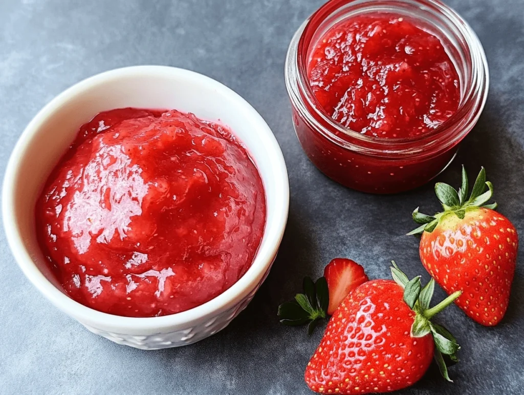 Strawberry Puree vs Jam: A bowl of strawberry puree and another for strawberry jam, highlighting their textures.
