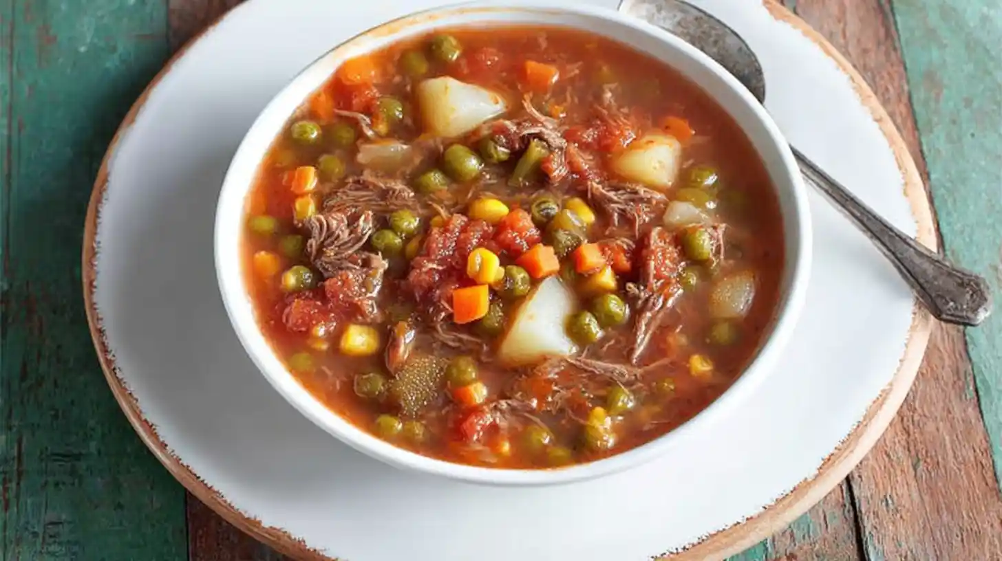 A bowl of vegetable beef soup recipe filled with tender beef chunks, potatoes, peas, corn, and carrots in a rich tomato-based broth, served on a white plate with a spoon beside it.