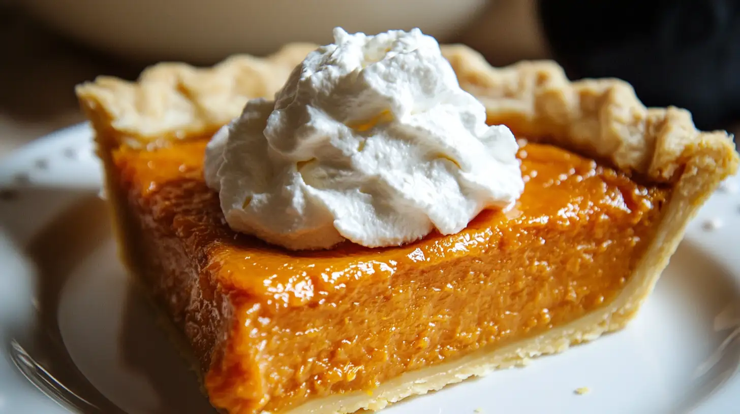 Southern Sweet Potato Pie slice topped with whipped cream on a white plate, golden crust, and creamy orange filling.