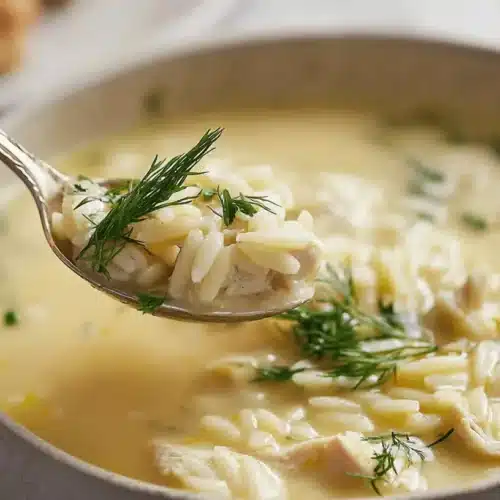 A close-up of creamy avgolemono soup with chicken and orzo, garnished with fresh dill, a spoonful being lifted.