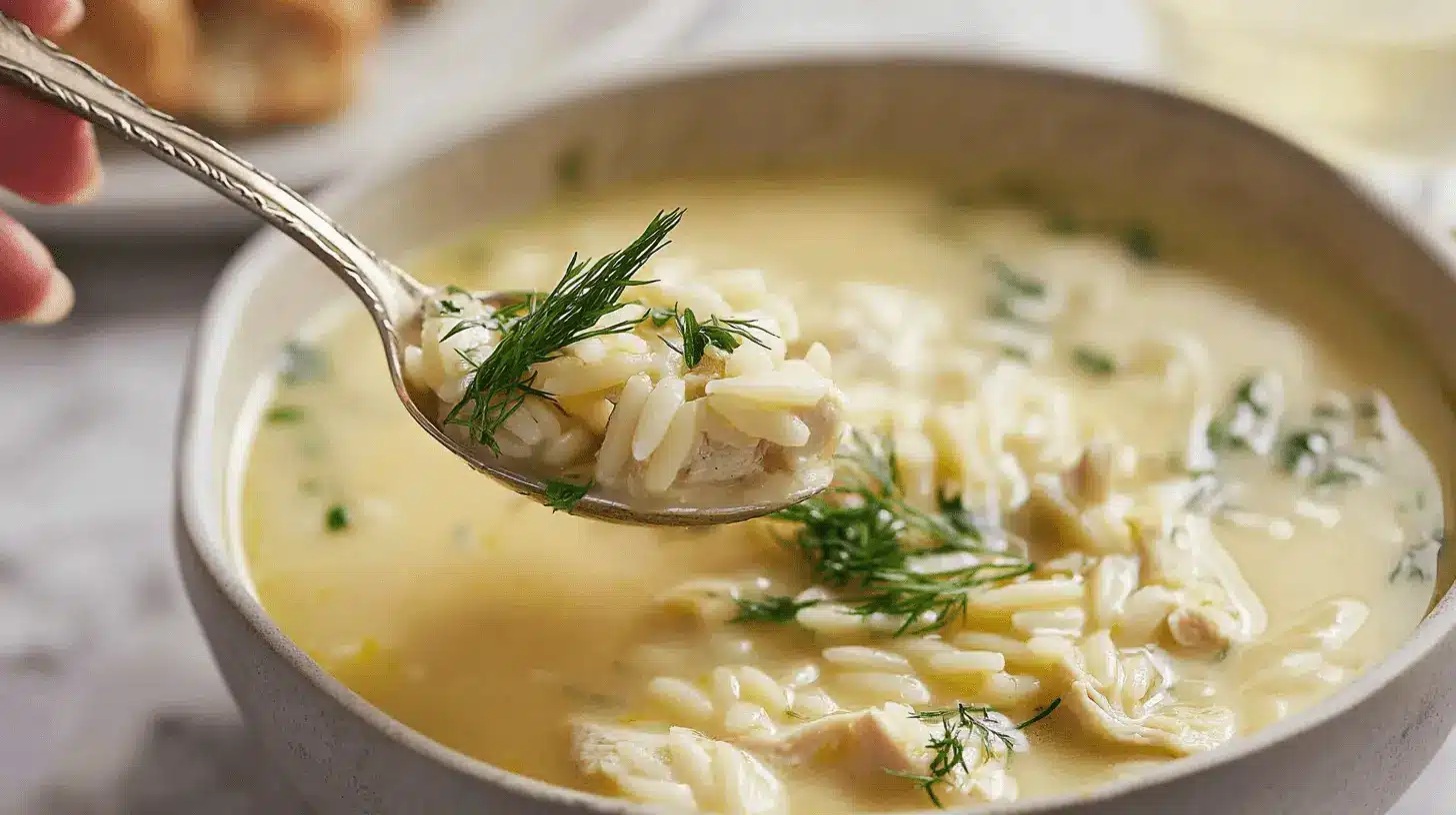 A close-up of creamy avgolemono soup with chicken and orzo, garnished with fresh dill, a spoonful being lifted.