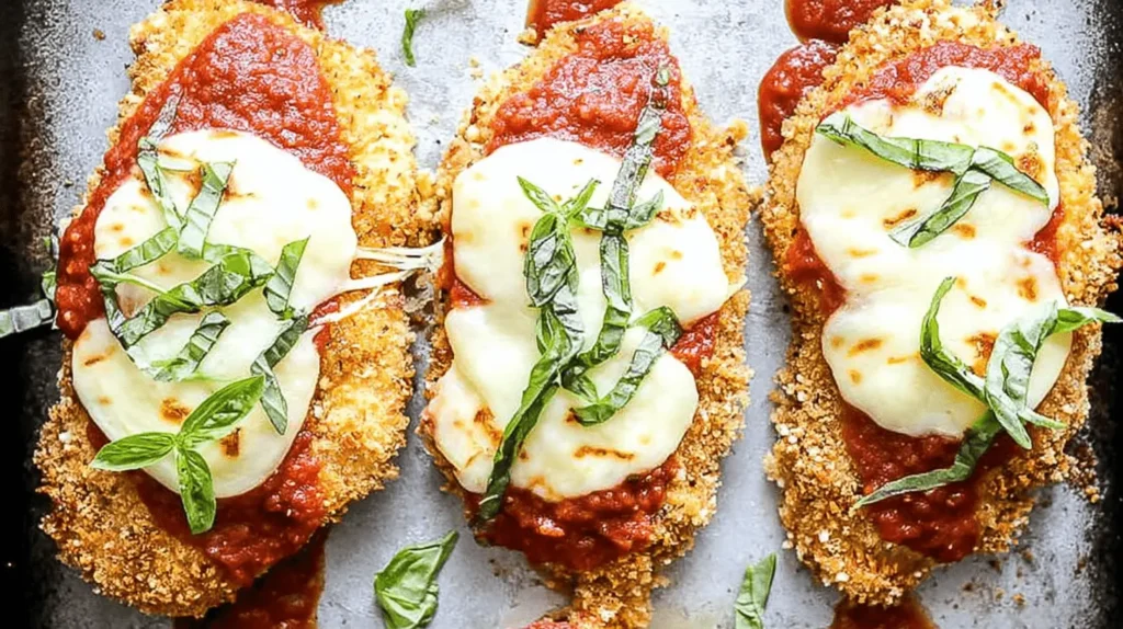 Three portions of golden-brown Baked Chicken Parmesan, generously topped with rich tomato sauce, melted mozzarella, and fresh basil.