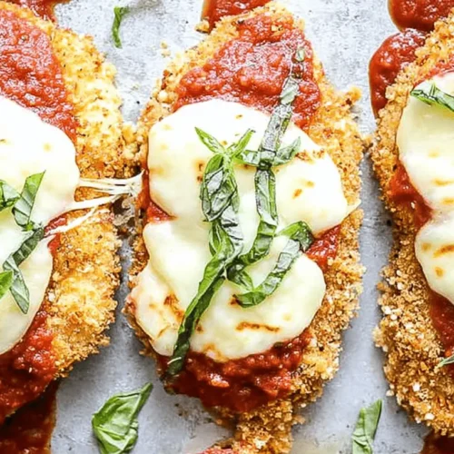Three portions of golden-brown Baked Chicken Parmesan, generously topped with rich tomato sauce, melted mozzarella, and fresh basil.