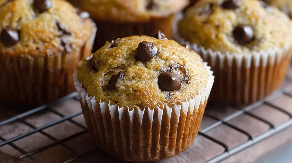 Close-up of freshly baked homemade Banana Bread Muffins with chocolate chips on a wire cooling rack.