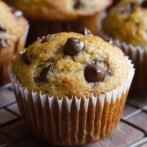 Close-up of freshly baked homemade Banana Bread Muffins with chocolate chips on a wire cooling rack.