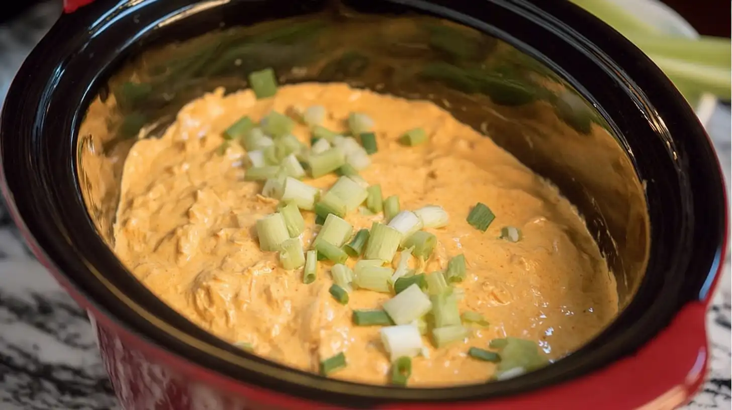Close-up of a creamy buffalo chicken dip crock pot, garnished with fresh green onions.