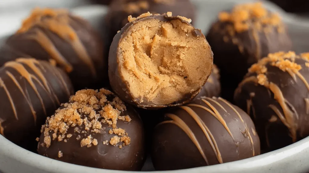 Chocolate-covered Butterfinger Balls with creamy filling, drizzled with caramel and topped with crumbles in a light bowl.