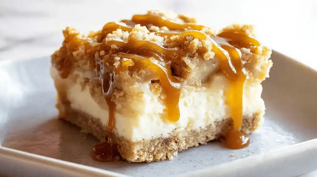 A single delicious slice of Caramel Apple Cheesecake Bars with a crumble topping and rich caramel drizzle on a gray plate.