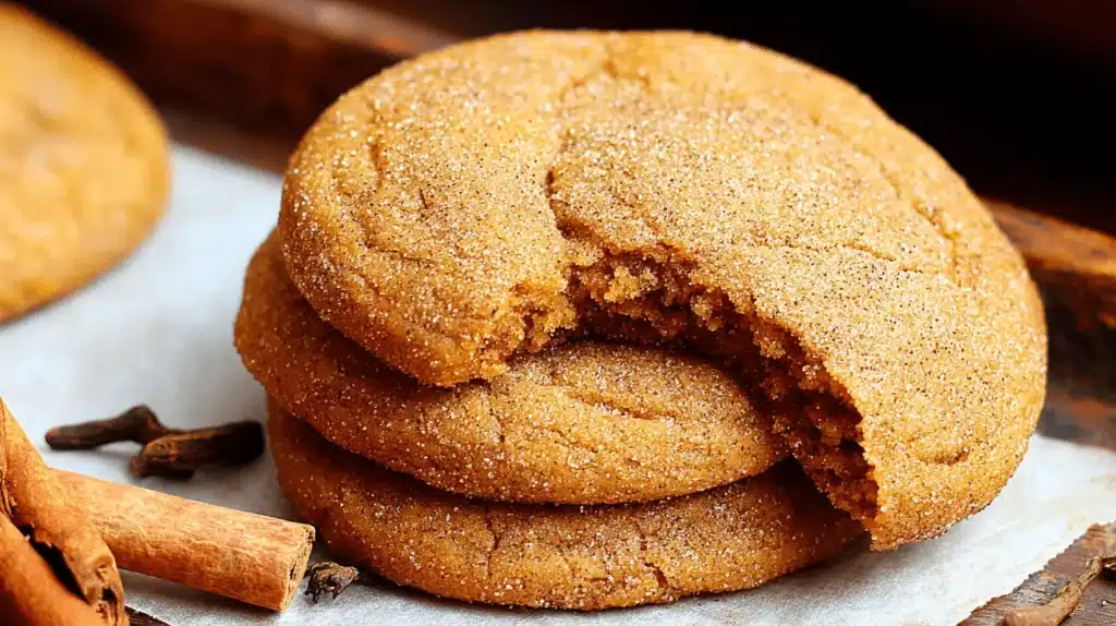 Close-up of a stack of three freshly baked chewy pumpkin cookies, with one bitten to show its soft interior, garnished with sugar, cinnamon, and cloves on parchment paper.