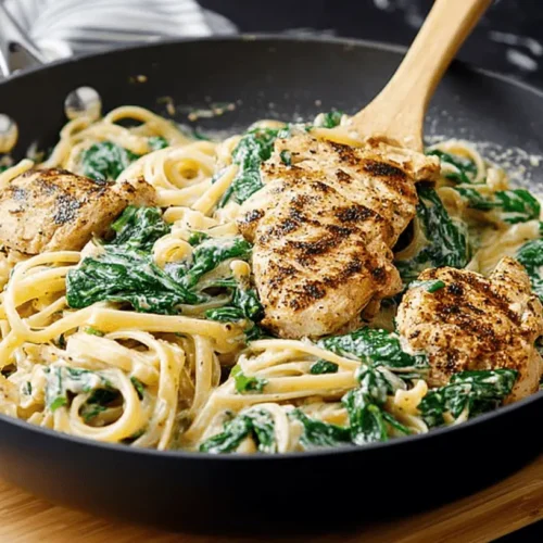 Close-up of creamy chicken florentine pasta with spinach and grilled chicken in a dark skillet.