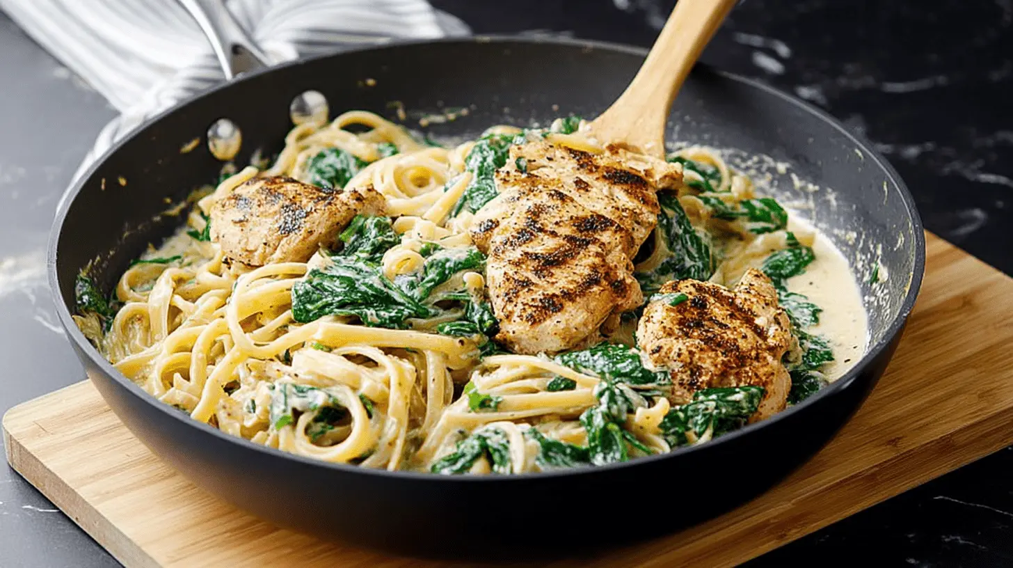Close-up of creamy chicken florentine pasta with spinach and grilled chicken in a dark skillet.