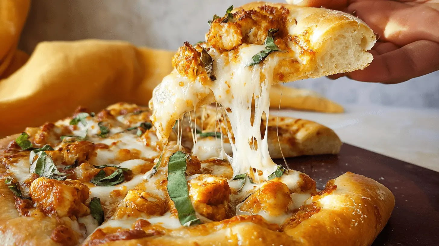 Close-up of a mouth-watering chicken parm pizza slice being lifted, revealing a dramatic cheese pull.
