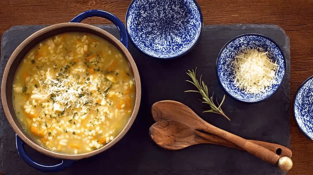 Warm chicken pastina soup in a rustic pot, garnished with cheese and herbs, on a dark serving board.