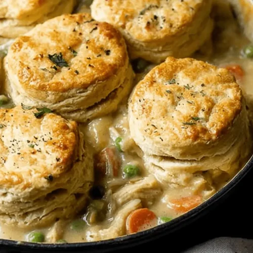Close-up of a hearty chicken pot pie with biscuits in a rustic cast iron skillet.