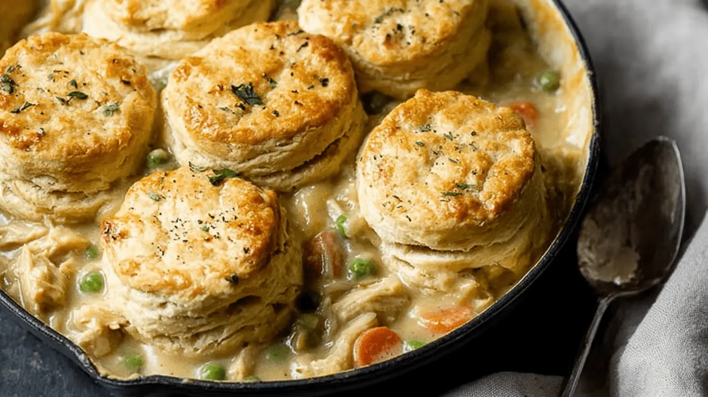 Close-up of a hearty chicken pot pie with biscuits in a rustic cast iron skillet.