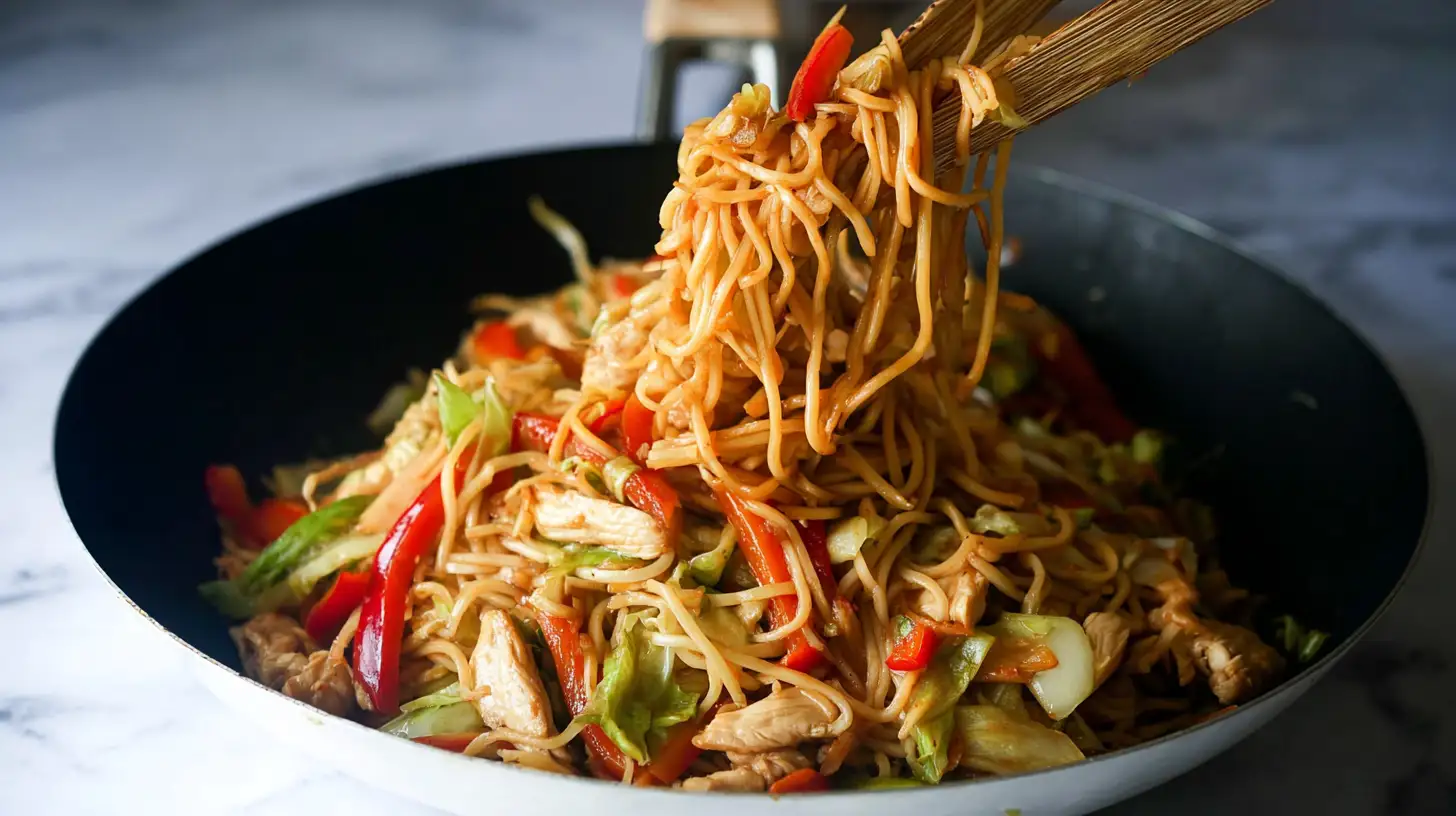 Close-up of delicious chicken yakisoba being served from a pan.