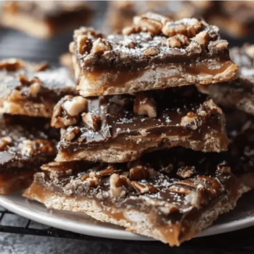 Delicious stacked Christmas crack recipe dessert bars with chocolate, caramel, pecans, and a festive dusting of powdered sugar on a white plate with Christmas ornaments.