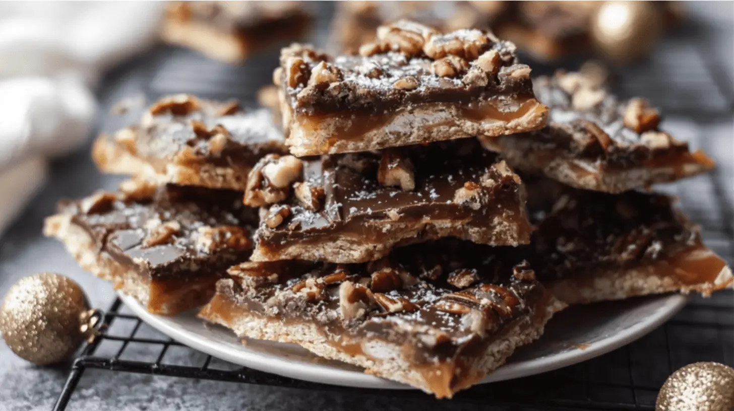 Delicious stacked Christmas crack recipe dessert bars with chocolate, caramel, pecans, and a festive dusting of powdered sugar on a white plate with Christmas ornaments.