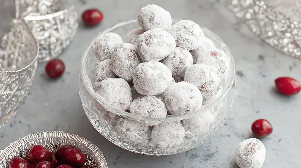 A festive display of snow-dusted cranberry candy in a clear glass bowl, surrounded by fresh cranberries and silver decor.