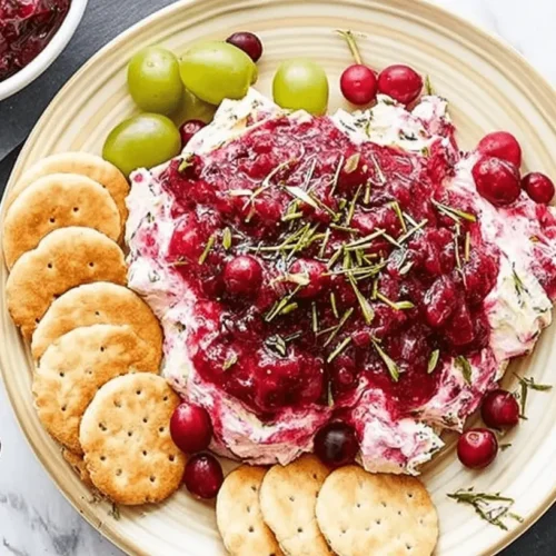 Festive Cranberry Cream Cheese Dip platter with crackers, grapes, and rosemary on a marble surface.