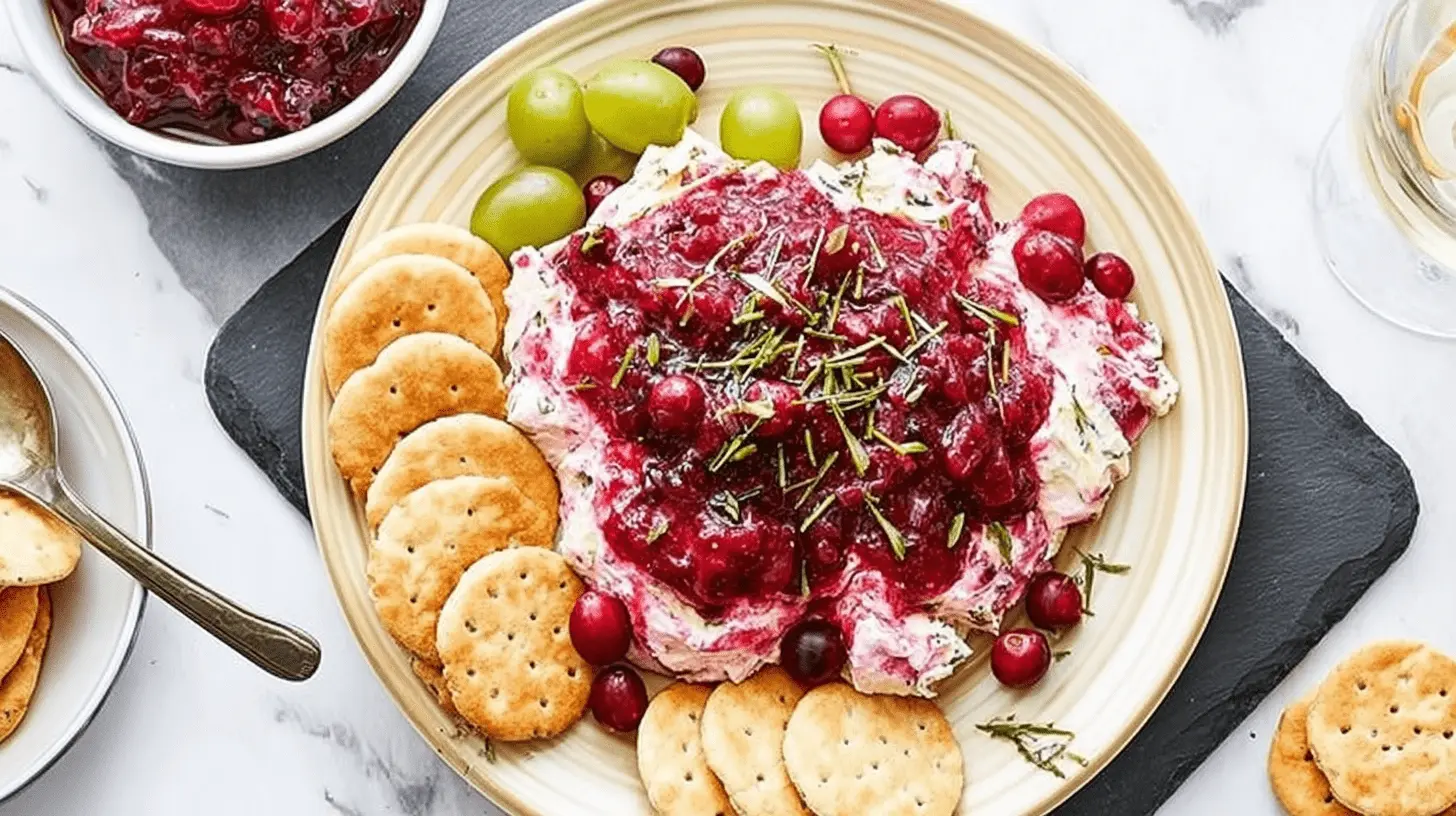 Festive Cranberry Cream Cheese Dip platter with crackers, grapes, and rosemary on a marble surface.