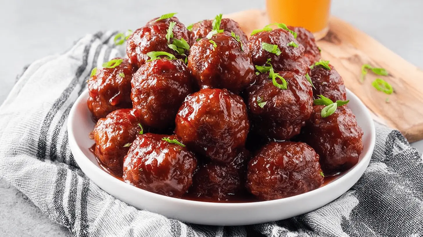 A white bowl filled with glossy cranberry meatballs garnished with fresh green onions.