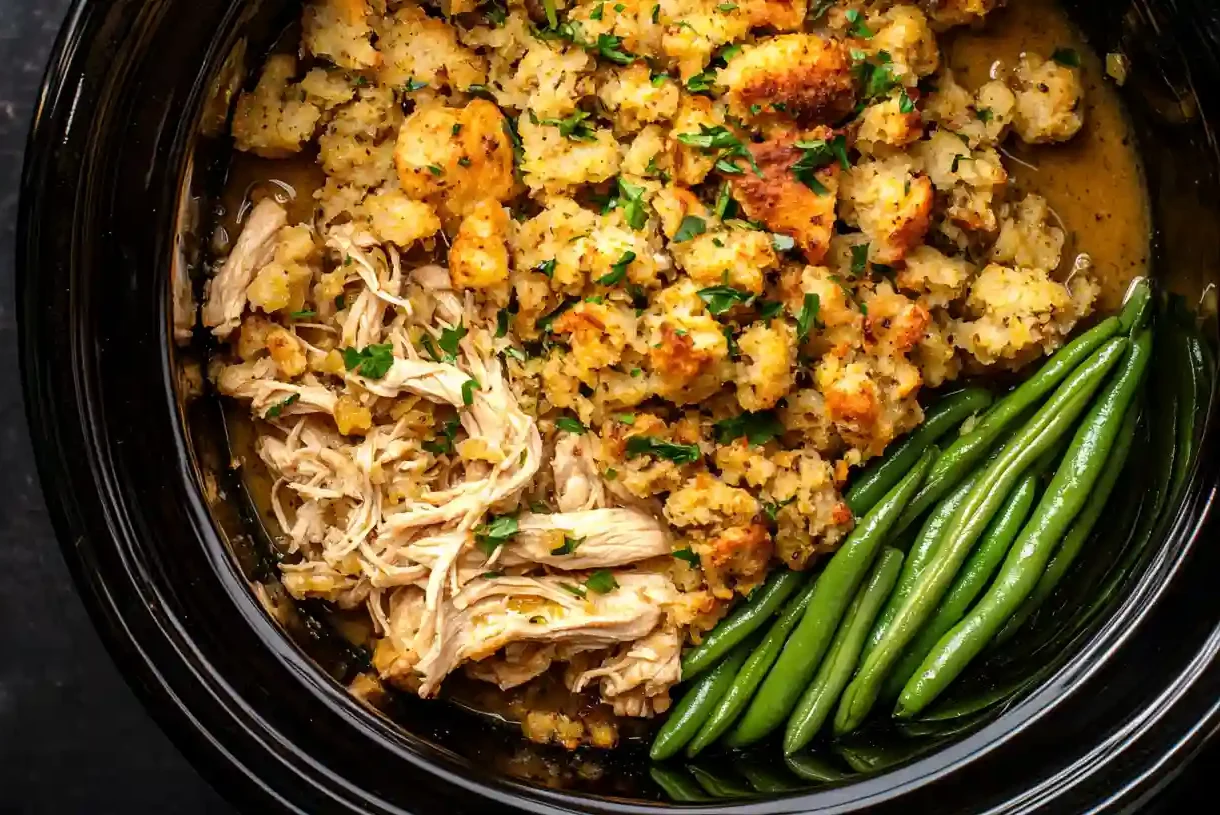 A close-up of a creamy, golden-brown crockpot chicken and stuffing from a dark dish, garnished with green herbs.