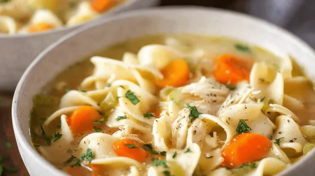 Appetizing close-up of hearty crockpot chicken noodle soup in a rustic bowl, garnished with fresh herbs and vibrant vegetables.