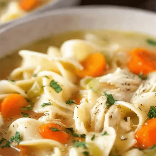 Appetizing close-up of hearty crockpot chicken noodle soup in a rustic bowl, garnished with fresh herbs and vibrant vegetables.