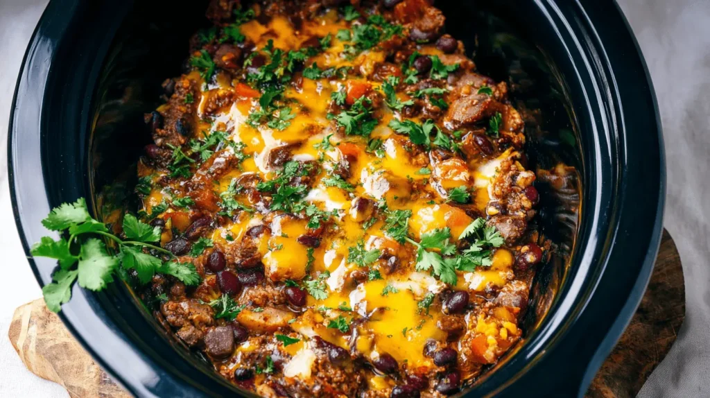 A hearty crockpot cowboy casserole, rich with meat, beans, melted cheese, and fresh cilantro, served directly in a dark slow cooker.