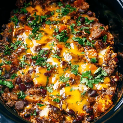 A hearty crockpot cowboy casserole, rich with meat, beans, melted cheese, and fresh cilantro, served directly in a dark slow cooker.