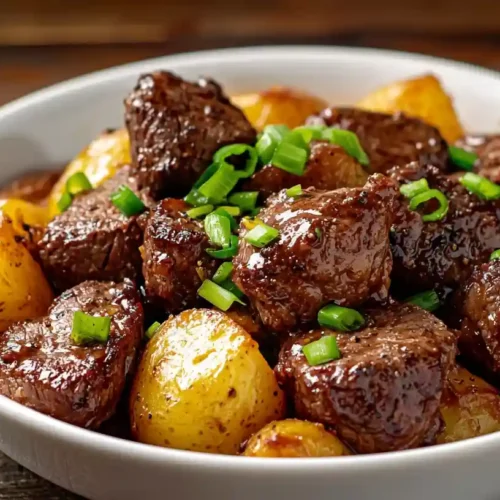 Close-up of savory crockpot steak bites with golden potatoes and fresh scallions in a rustic ceramic bowl.