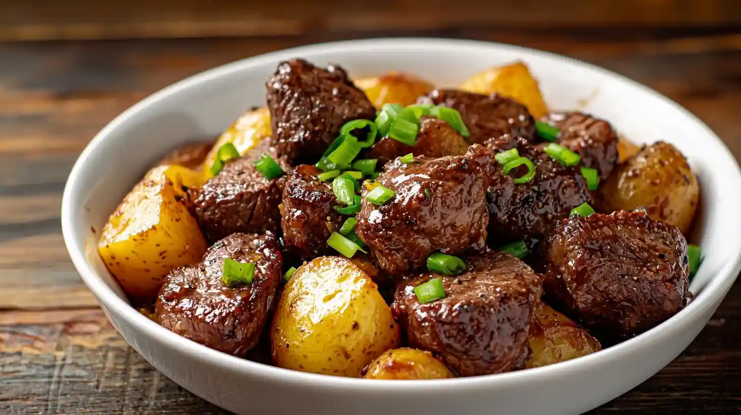 Close-up of savory crockpot steak bites with golden potatoes and fresh scallions in a rustic ceramic bowl.