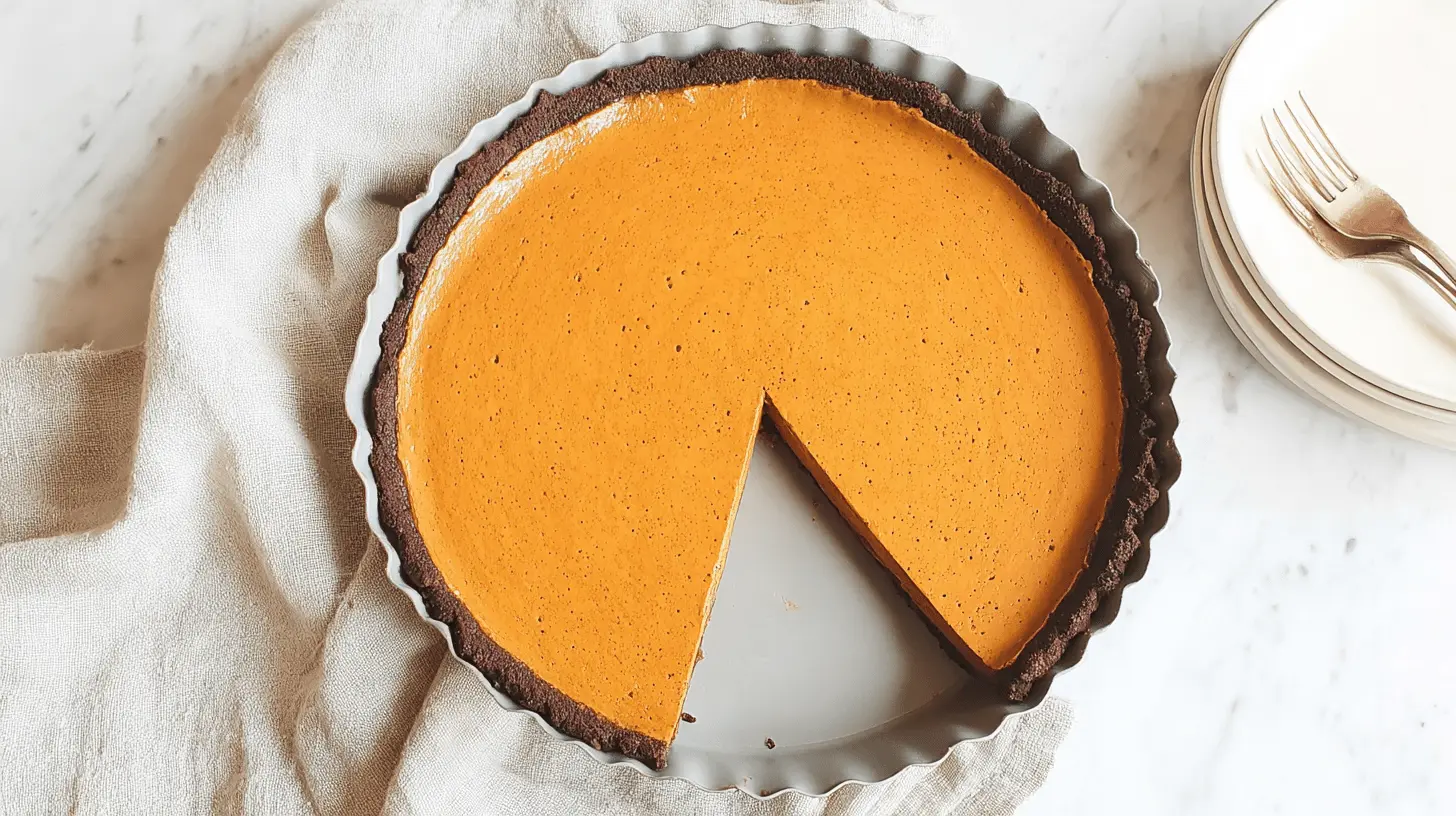 Overhead view of a freshly baked Dark Chocolate Pumpkin Tart with a slice removed, showcasing its rich crust and vibrant filling.