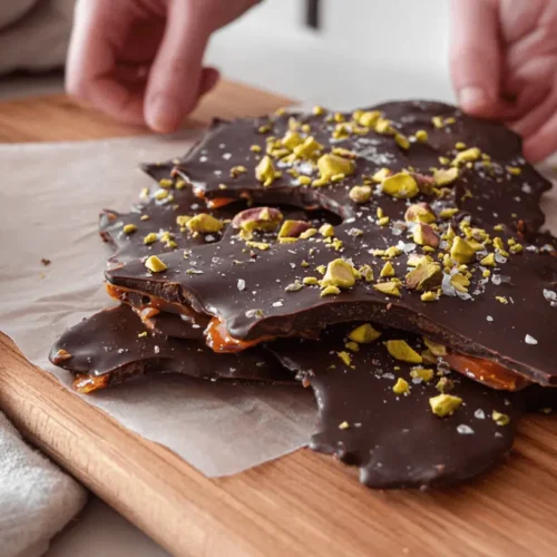 Human hands arranging homemade date chocolate bark with gooey caramel, pistachios, and sea salt on a rustic wooden board.