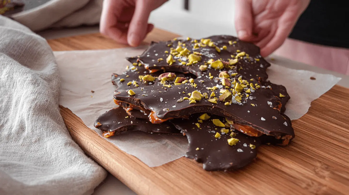 Human hands arranging homemade date chocolate bark with gooey caramel, pistachios, and sea salt on a rustic wooden board.