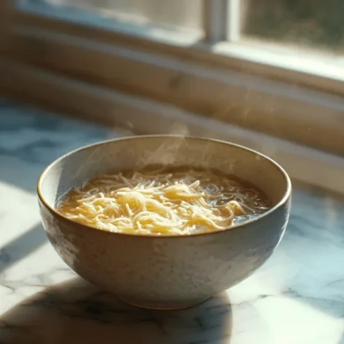 Steaming bowl of fideo soup with thin noodles on a marble countertop by a sunlit window.
